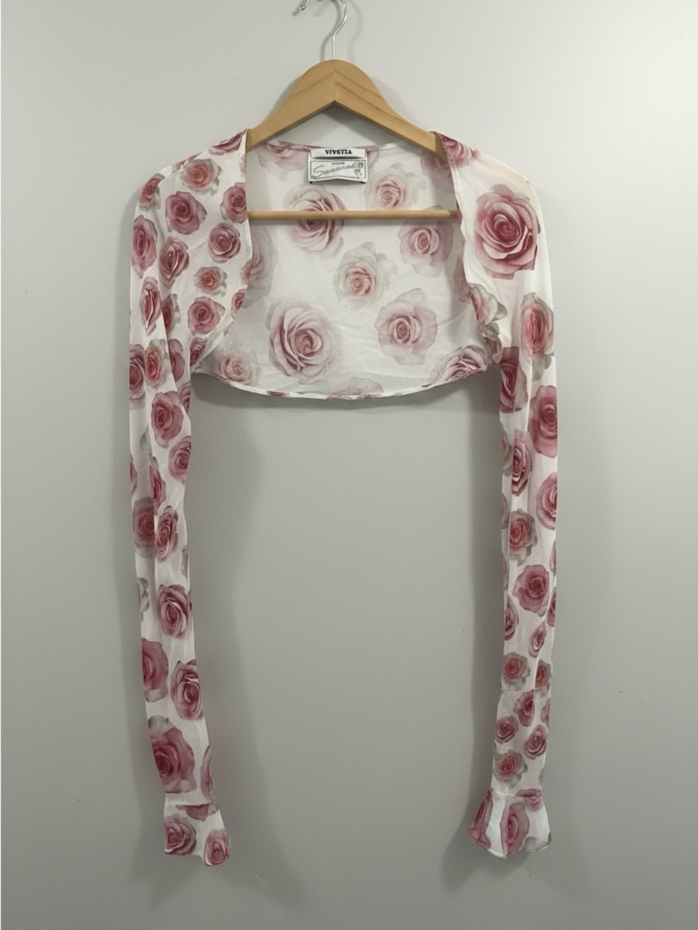 VETTA White Sheer Cropped Shrug with Pink Rose Print